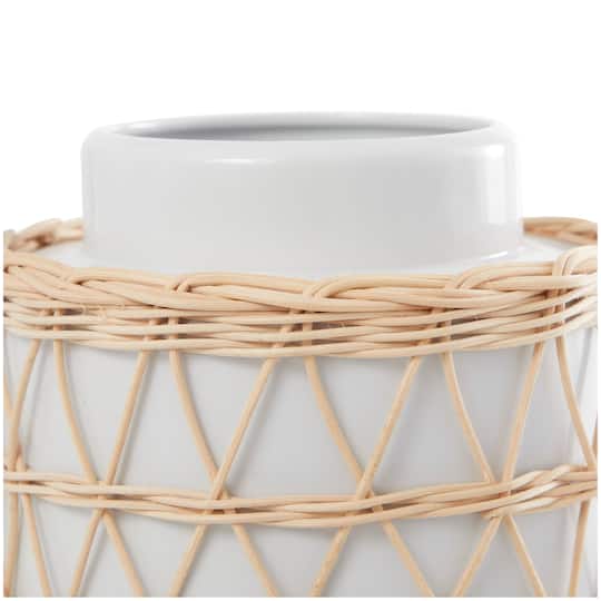 15" White & Woven Rattan Ceramic Handmade Vase